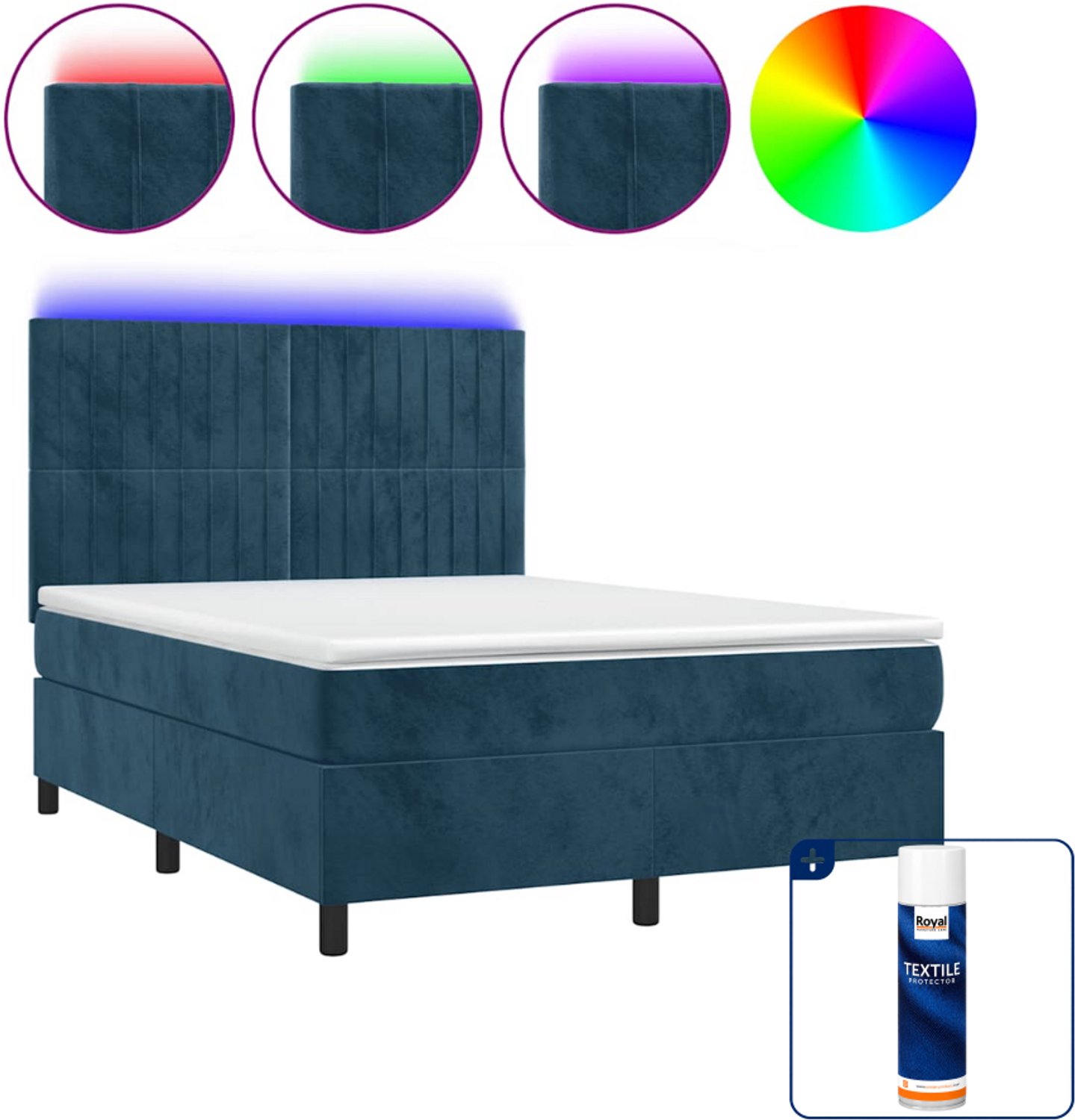 vidaXL Boxspring met matras en LED - Small double - 140x200 cm - fluweel - donkerblauw - Inclusief textielbeschermer 500 ml