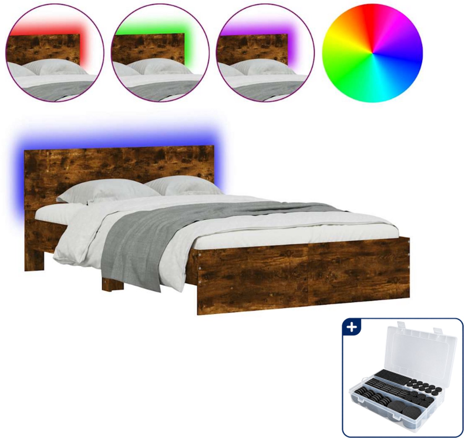 vidaXL bedframe met led 140 x 190 cm - bewerkt hout - gerookt eiken - Inclusief antikrasvilt 177-delig