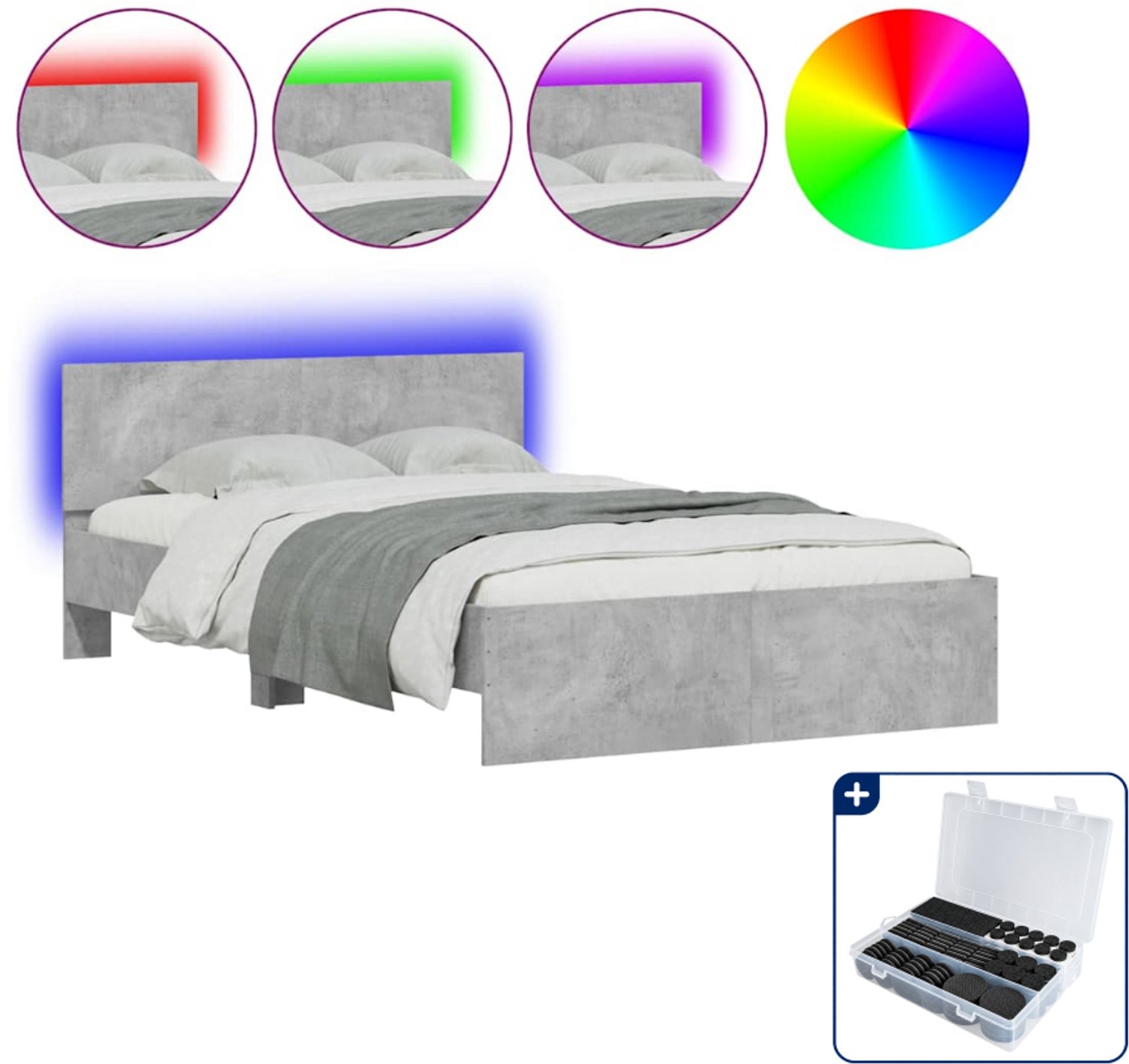 vidaXL bedframe met LED - Small double - 140 x 200 cm - betongrijs - Inclusief antikrasvilt 177-delig Zwart