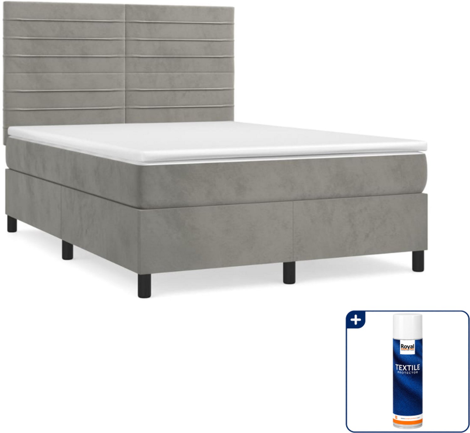 vidaXL boxspring met matras 140 x 190 cm - fluweel - lichtgrijs - Inclusief textielbeschermer 500 ml