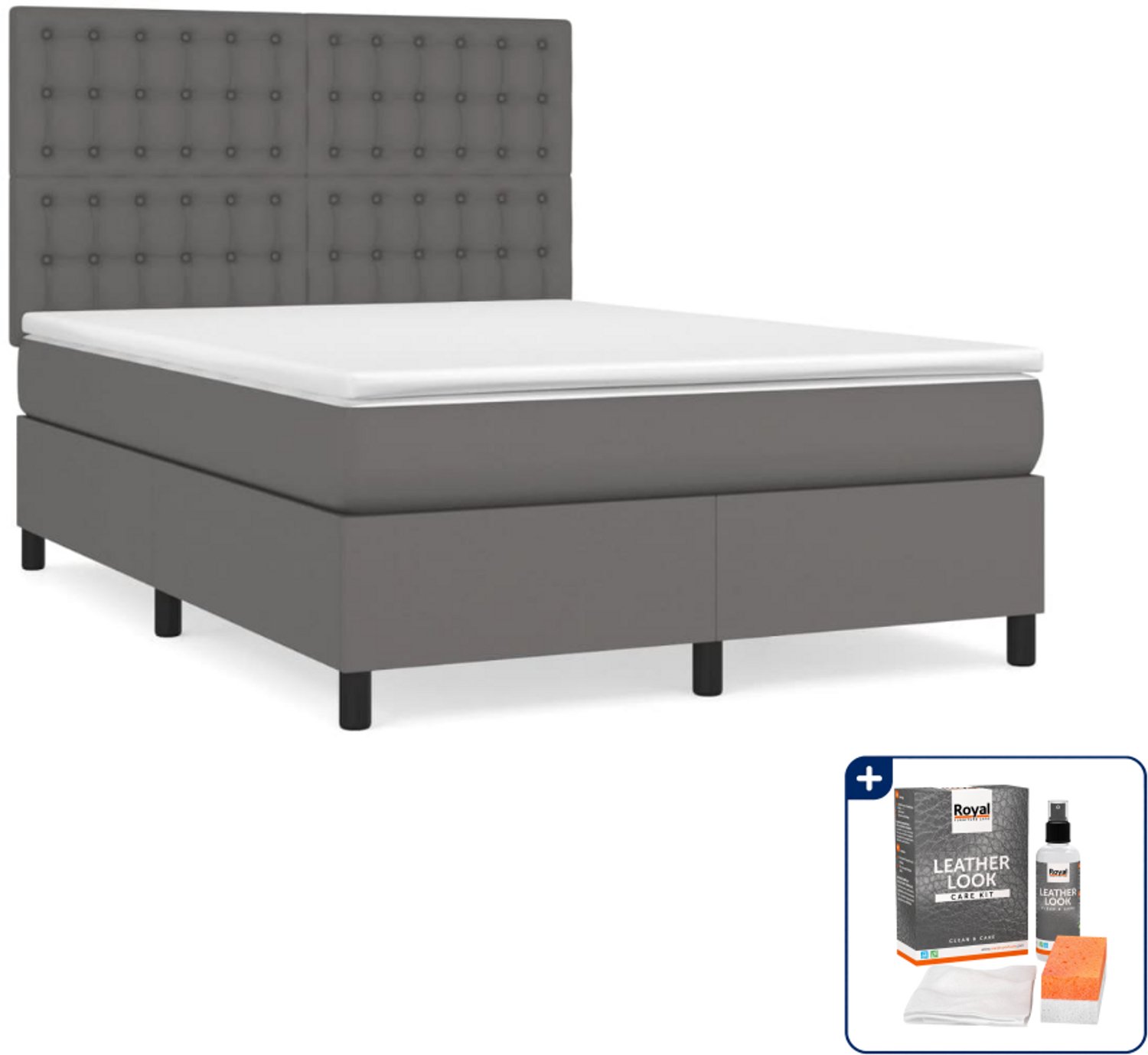 vidaXL boxspring met matras - Small double - 140 x 200 cm - grijs - Inclusief onderhoudsset voor kunstleer 150 ml
