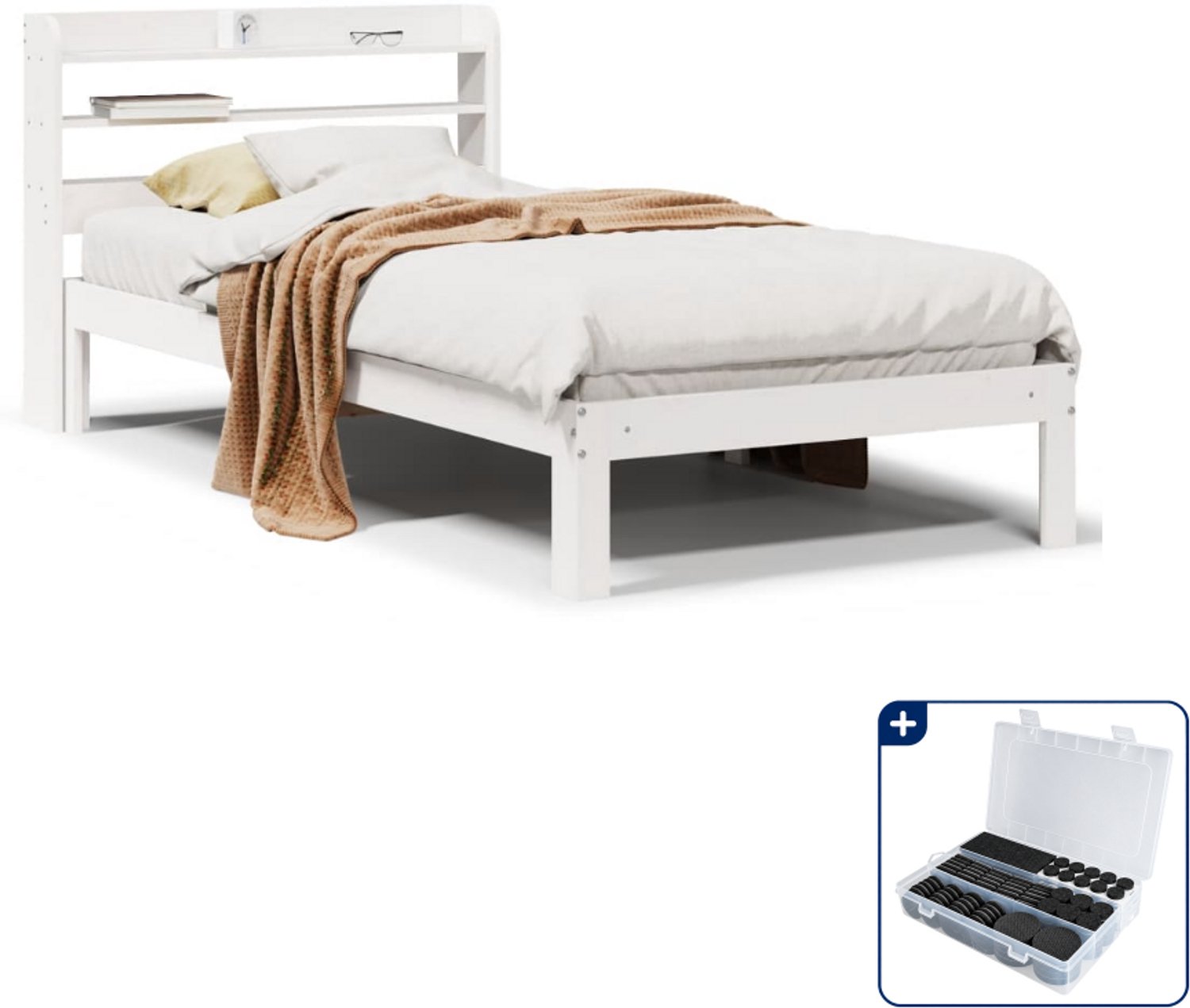 vidaXL bedframe met hoofdbord - 75 x 190 cm - massief grenenhout - wit - Inclusief antikrasvilt 177-delig Bruin