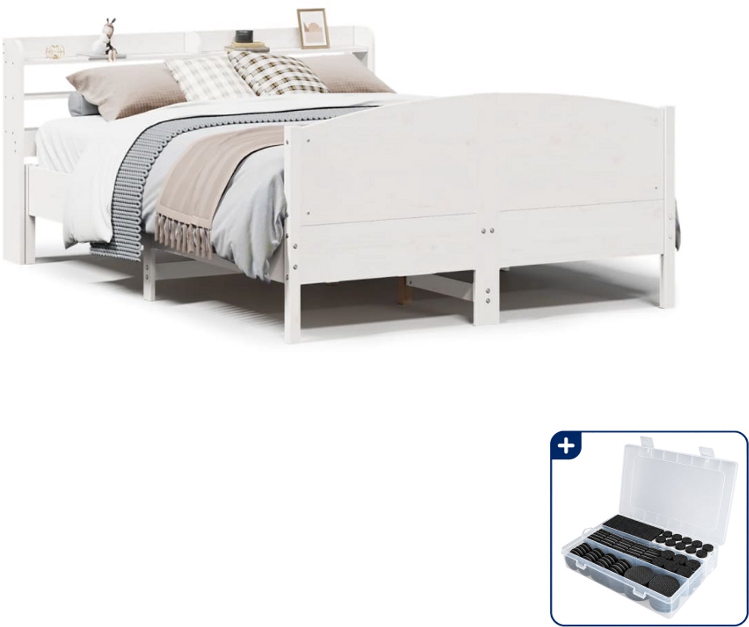 vidaXL Bedframe Small double - 140 x 200 cm - massief grenenhout - wit - Inclusief antikrasvilt 177-delig Bruin
