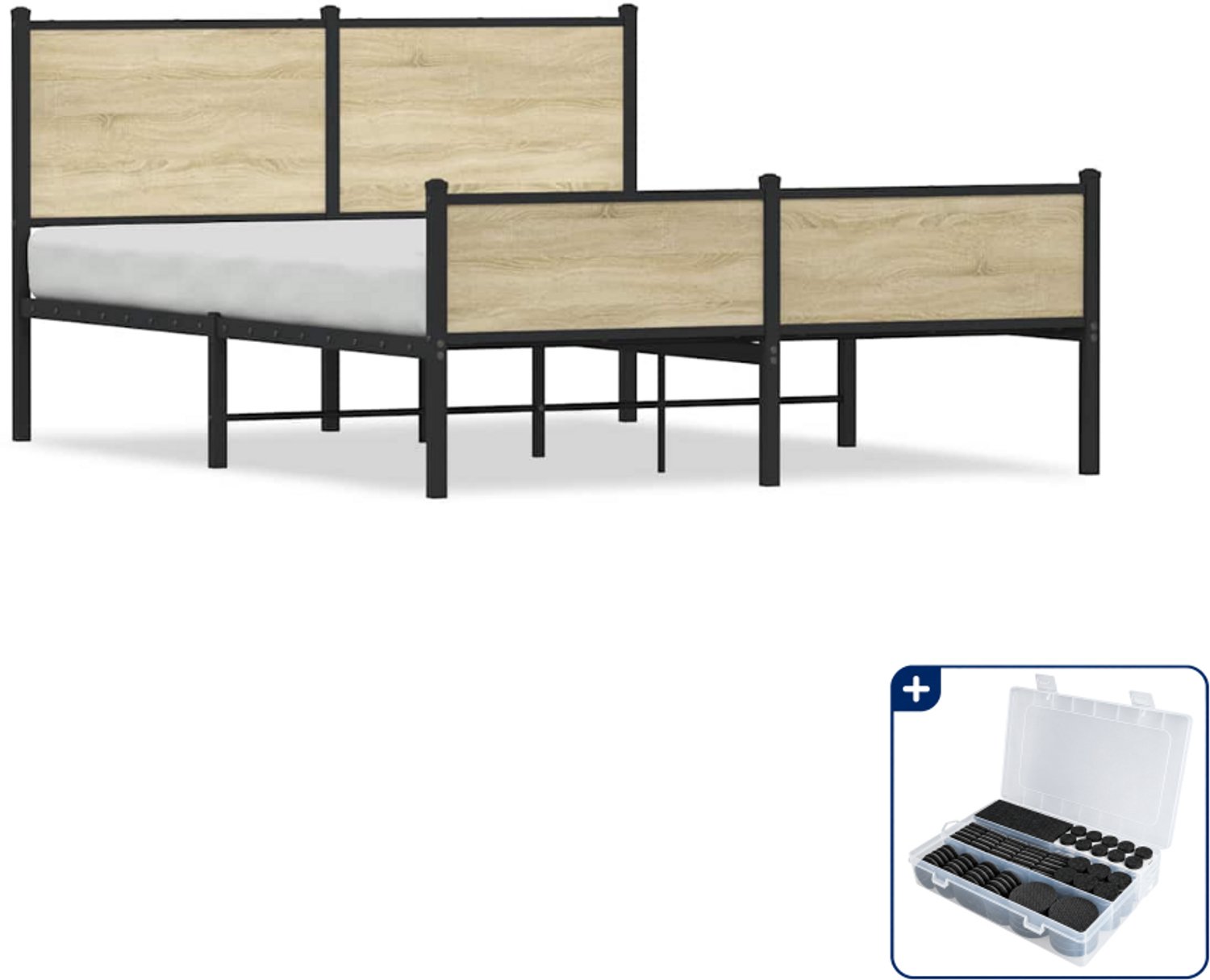 vidaXL bedframe - 150 x 200 cm - staal en bewerkt hout - sonoma eiken - Inclusief antikrasvilt 177-delig Bruin