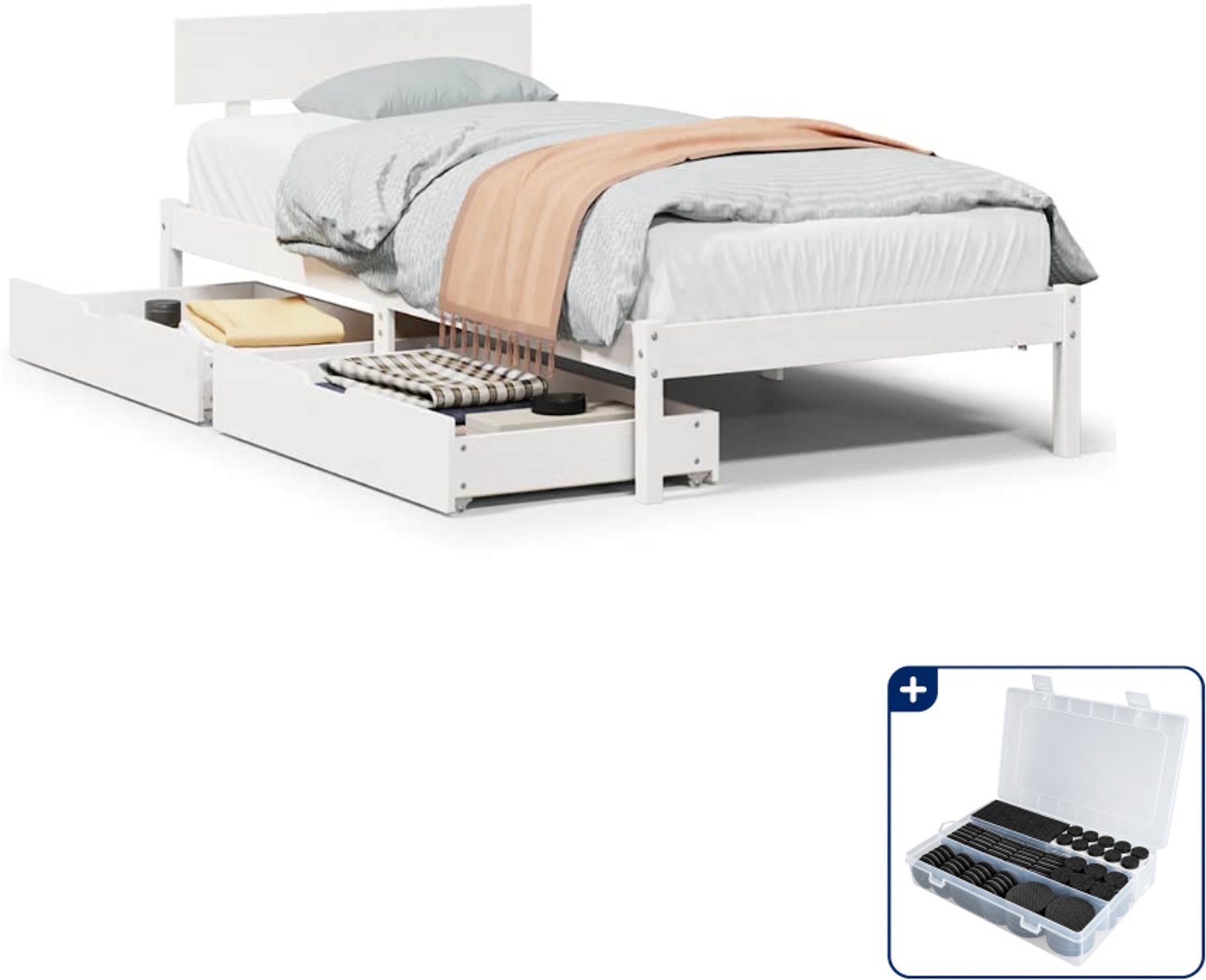 vidaXL Bedframe met 2 lades - 90 x 200 cm - massief grenenhout - wit - Inclusief antikrasvilt 177-delig