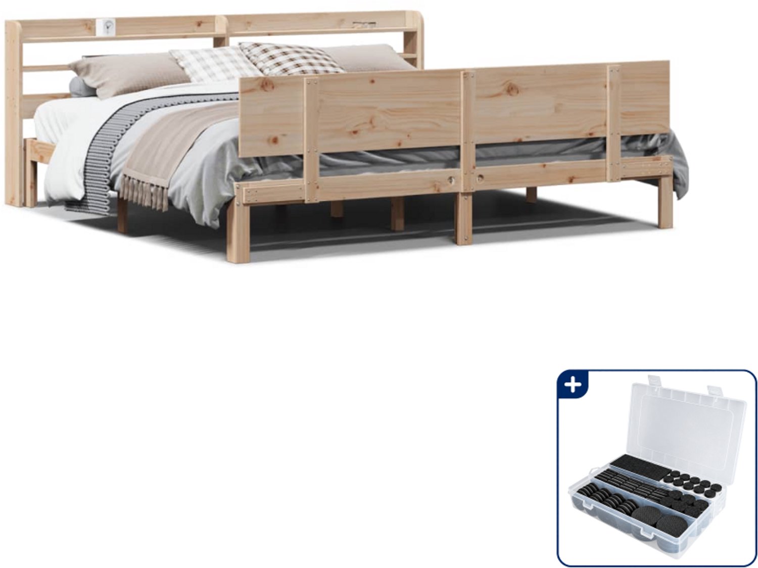 vidaXL bedframe met hoofdbord - 200 x 200 cm - massief grenenhout - Inclusief antikrasvilt 177-delig Bruin