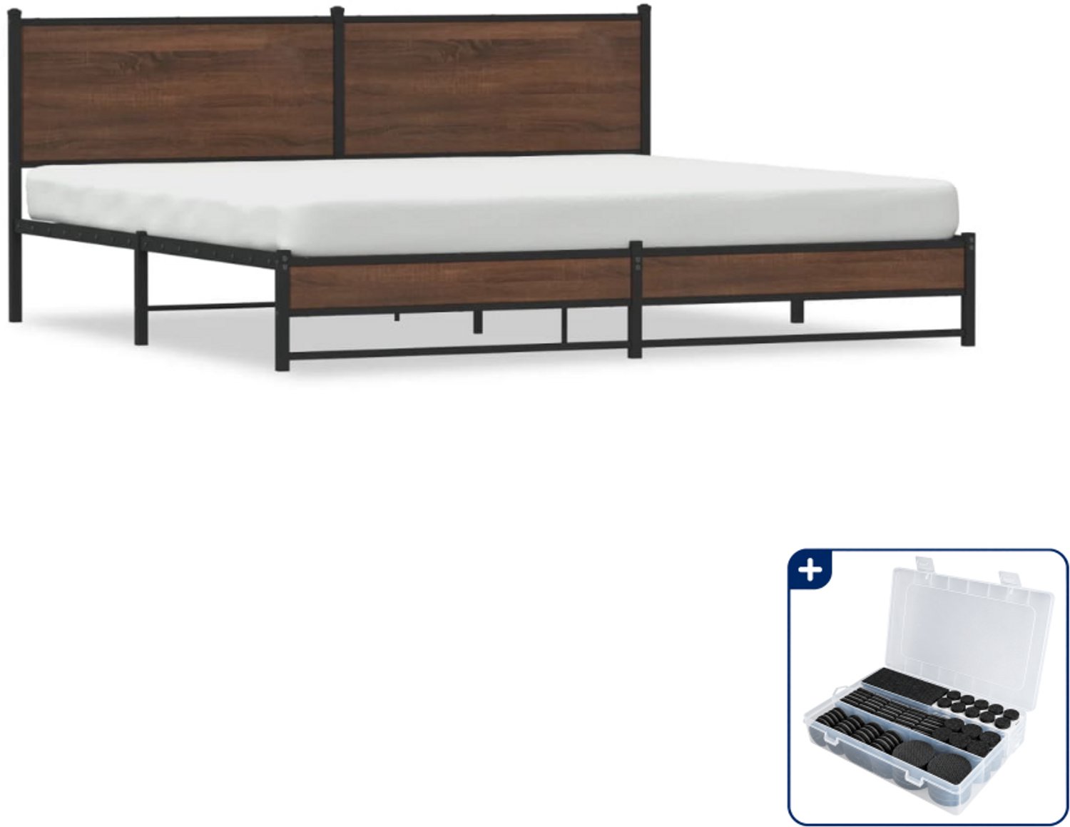 vidaXL bedframe - 193 x 203 cm - staal en bewerkt hout - bruineiken - Inclusief antikrasvilt 177-delig