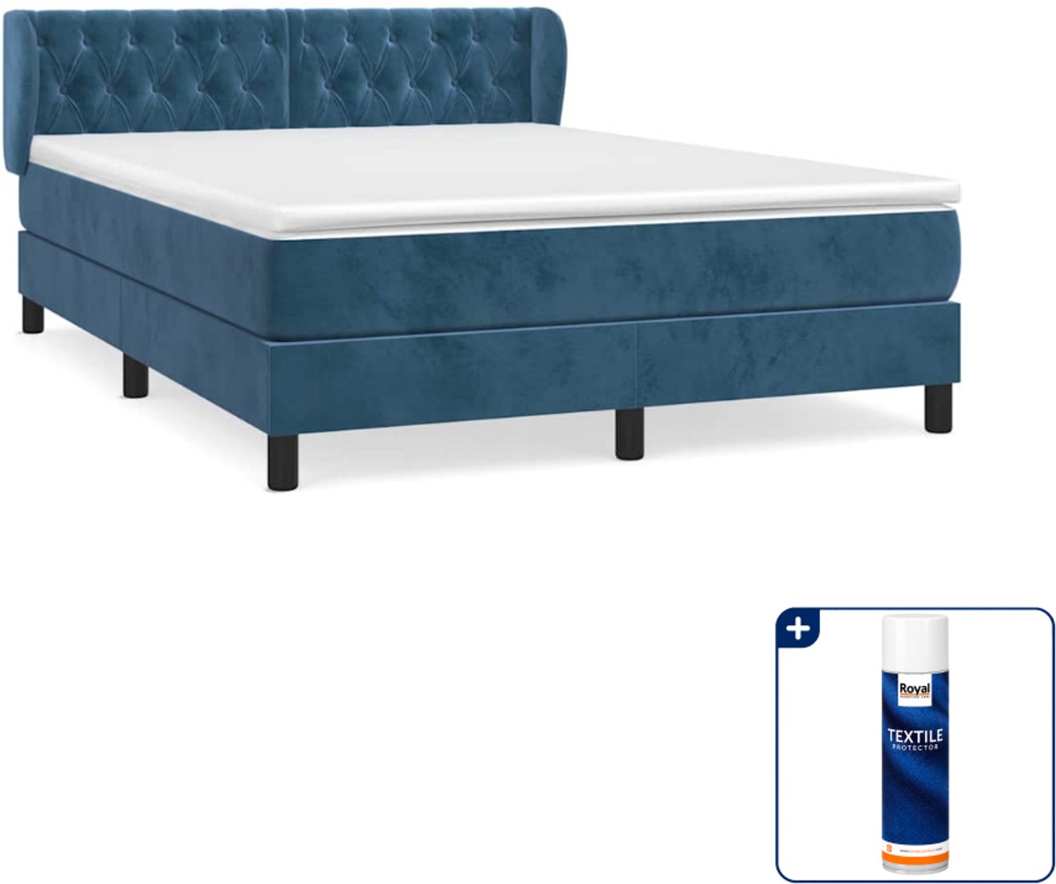 vidaXL boxspring met matras 140 x 190 cm - fluweel - donkerblauw - Inclusief textielbeschermer 500 ml