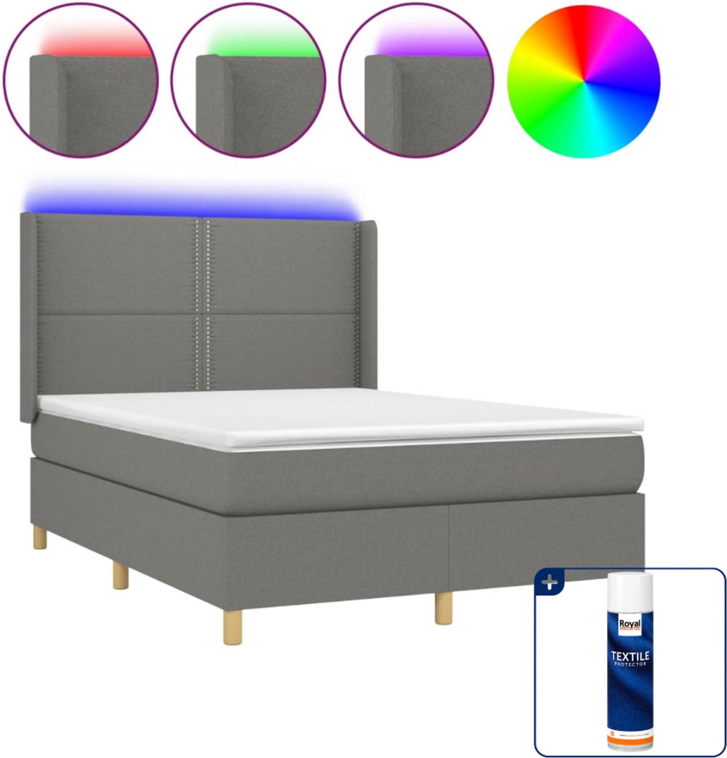 vidaXL boxspring met matras en LED - 140 x 190 cm - donkergrijs - Inclusief textielbeschermer 500 ml