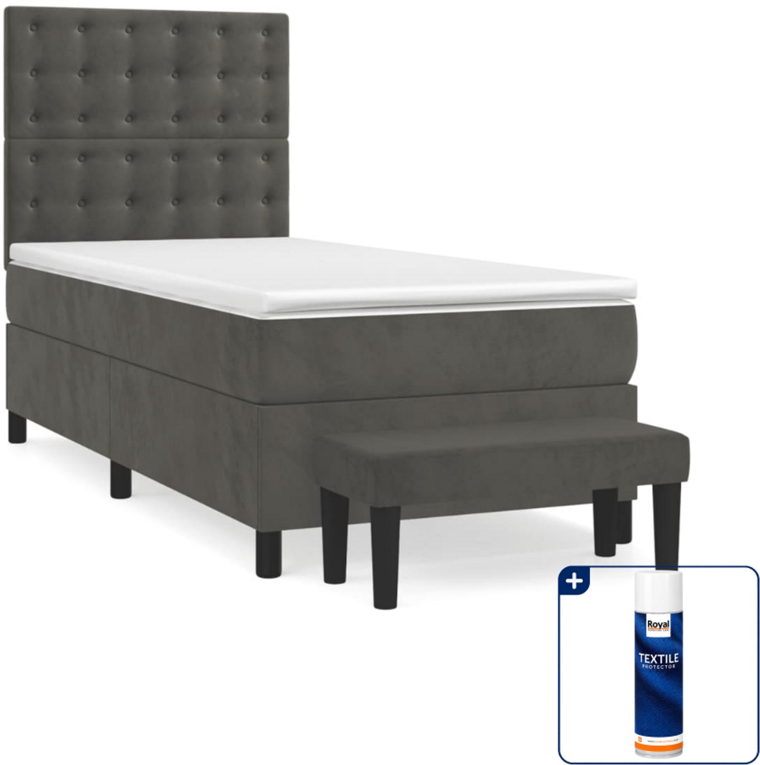 vidaXL boxspring met matras en bankje - 100 x 200 cm - fluweel - donkergrijs - Inclusief textielbeschermer 500 ml