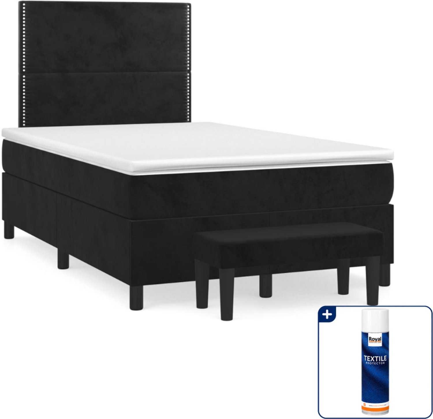 vidaXL boxspring met matras en bankje - 120 x 200 cm - fluweel - zwart - Inclusief textielbeschermer 500 ml