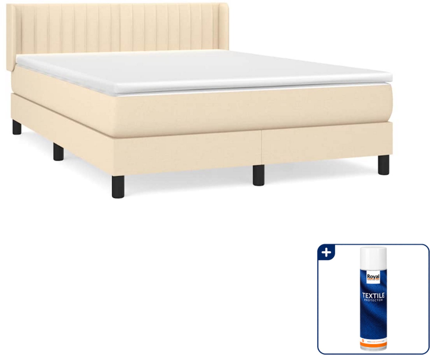 vidaXL boxspring met matras - 140 x 190 cm - stof - crèmekleurig - Inclusief textielbeschermer 500 ml