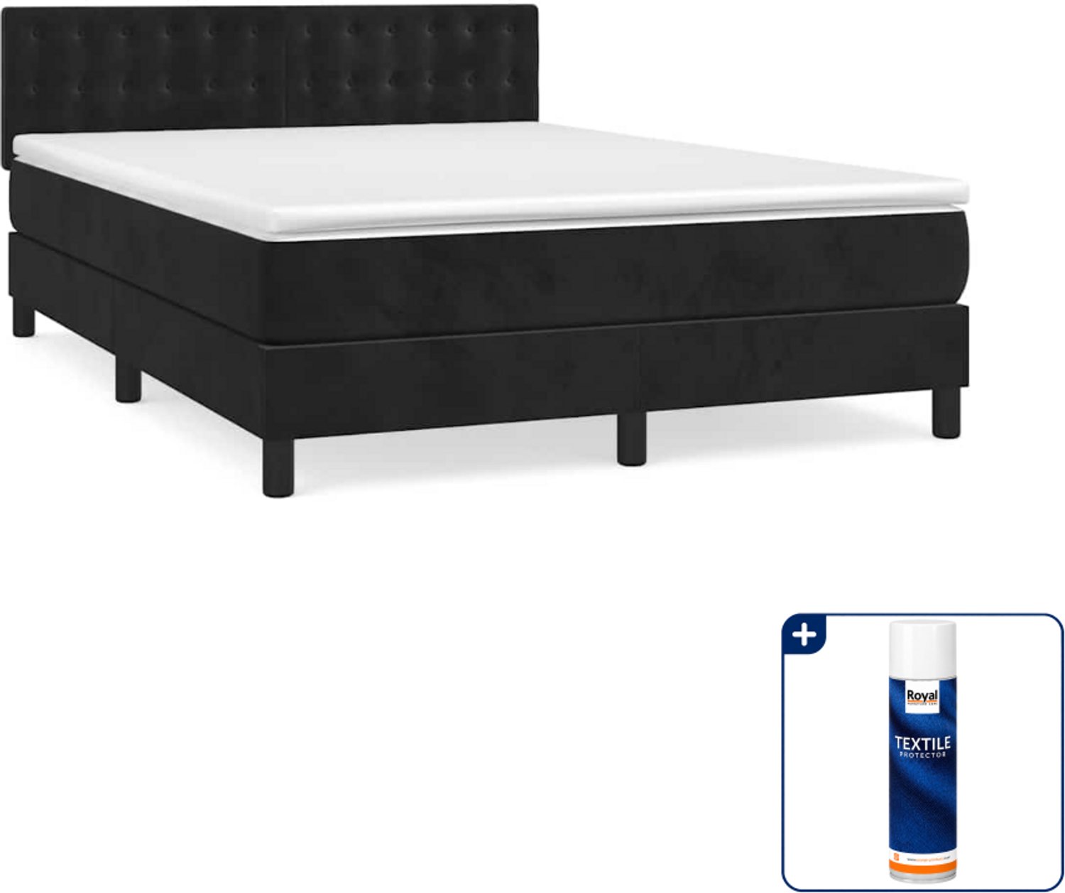 vidaXL boxspring met matras 140 x 190 cm - fluweel - zwart - Inclusief textielbeschermer 500 ml