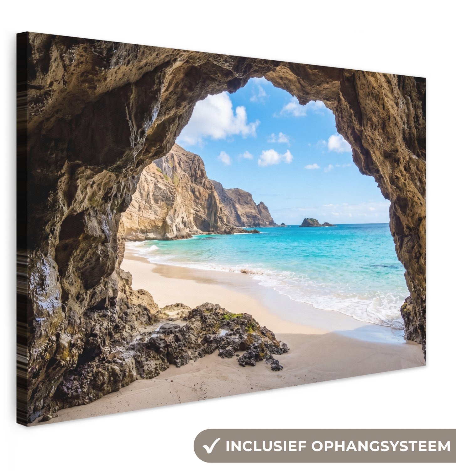 Canvas schilderij 140x90 cm - Exclusieve wanddecoratie Grot - Strand - Zee - Blauw - Muurdecoratie woonkamer - Slaapkamer decoratie - Kamer accessoires - Schilderijen op canvas groot XXL