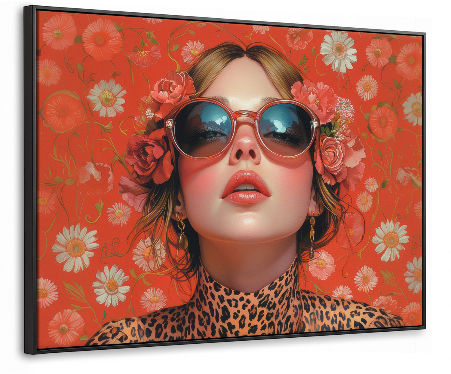 Canvas Schilderij met Baklijst 80x60cm - Vrouw - Kleurrijk - Dierenprint - Bloemen - Muurdecoratie woonkamer - Slaapkamer decoratie - Kamer accessoires - Schilderijen op canvas met lijst