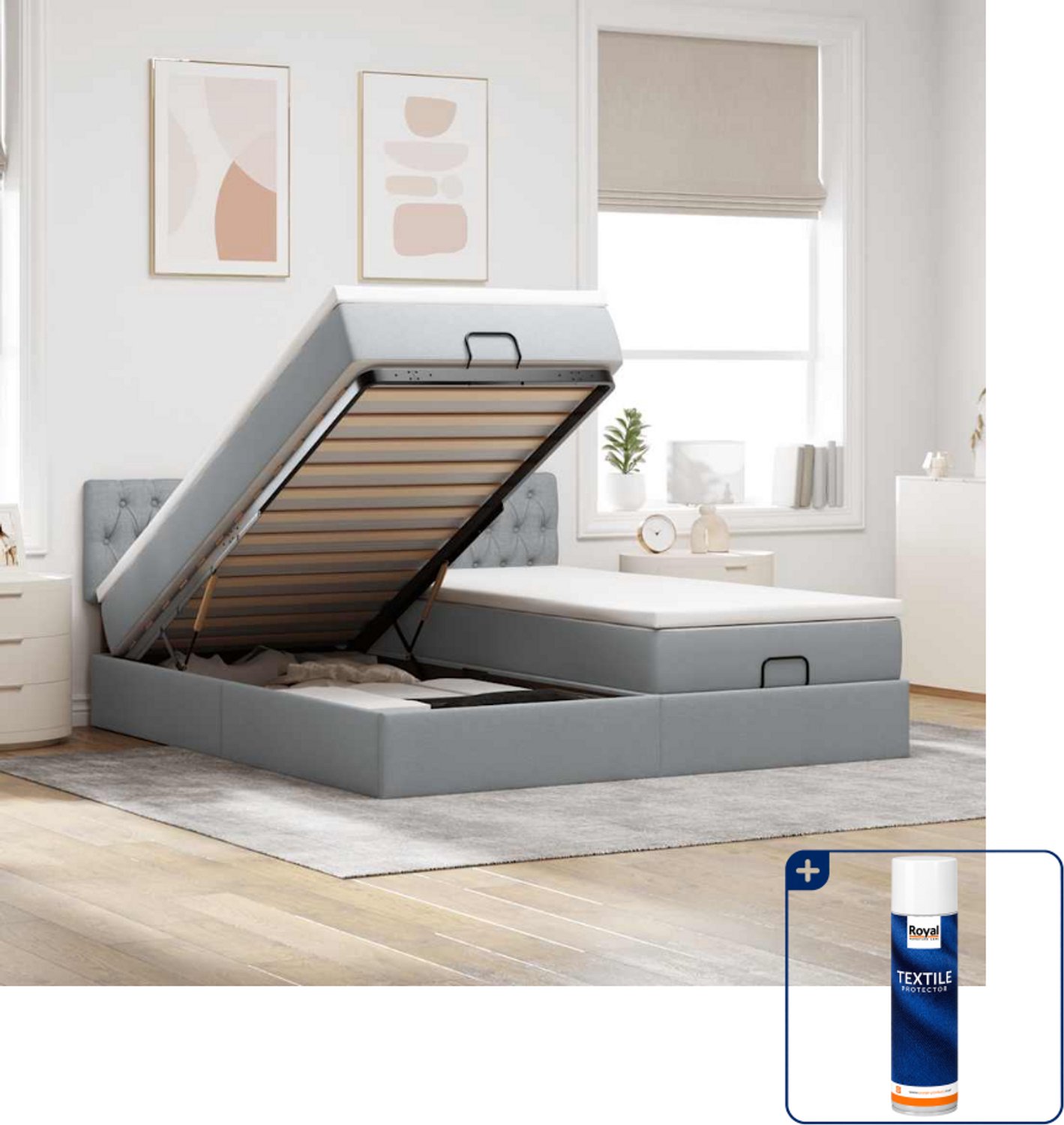 vidaXL Ottoman bed - 200 x 200 cm - stof - lichtgrijs - Inclusief textielbeschermer 500 ml Taupe