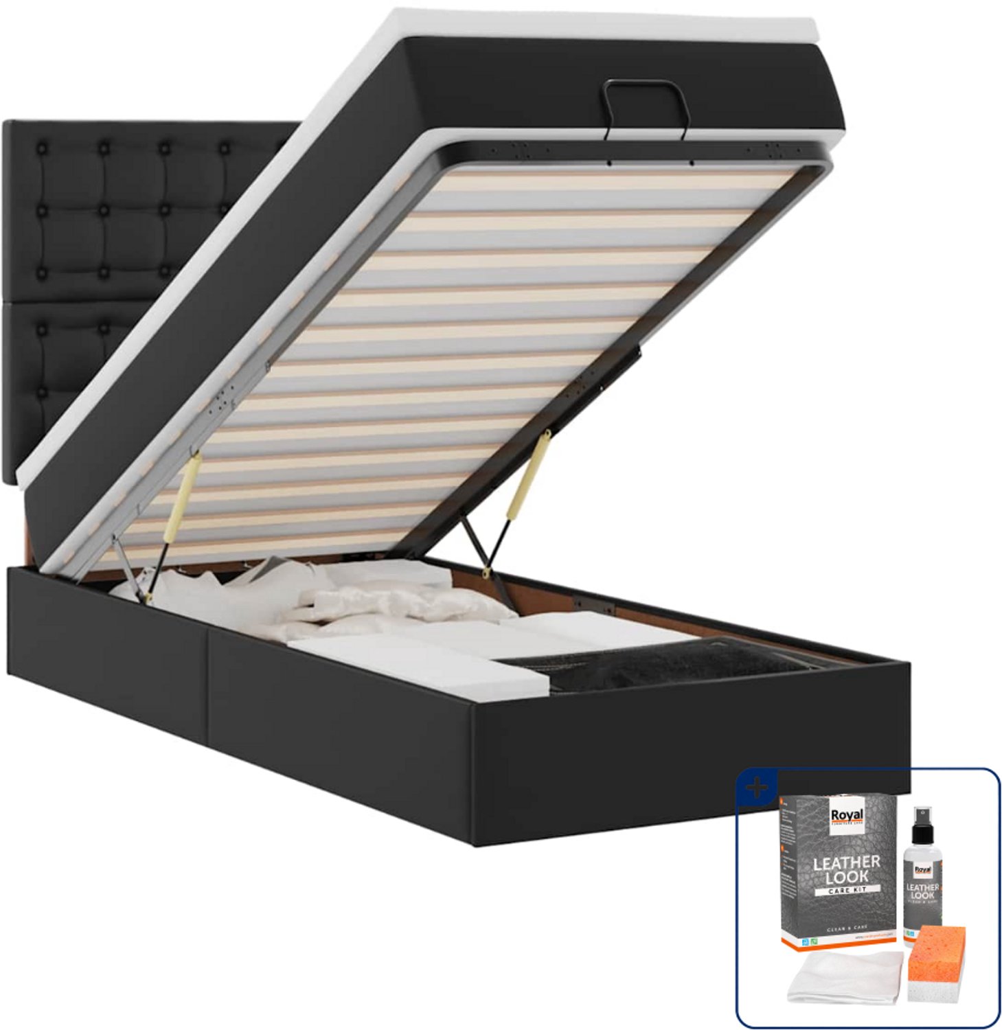vidaXL ottoman bed met matras en led - 90 x 190 cm - kunstleer - zwart - Inclusief onderhoudsset voor kunstleer 150 ml