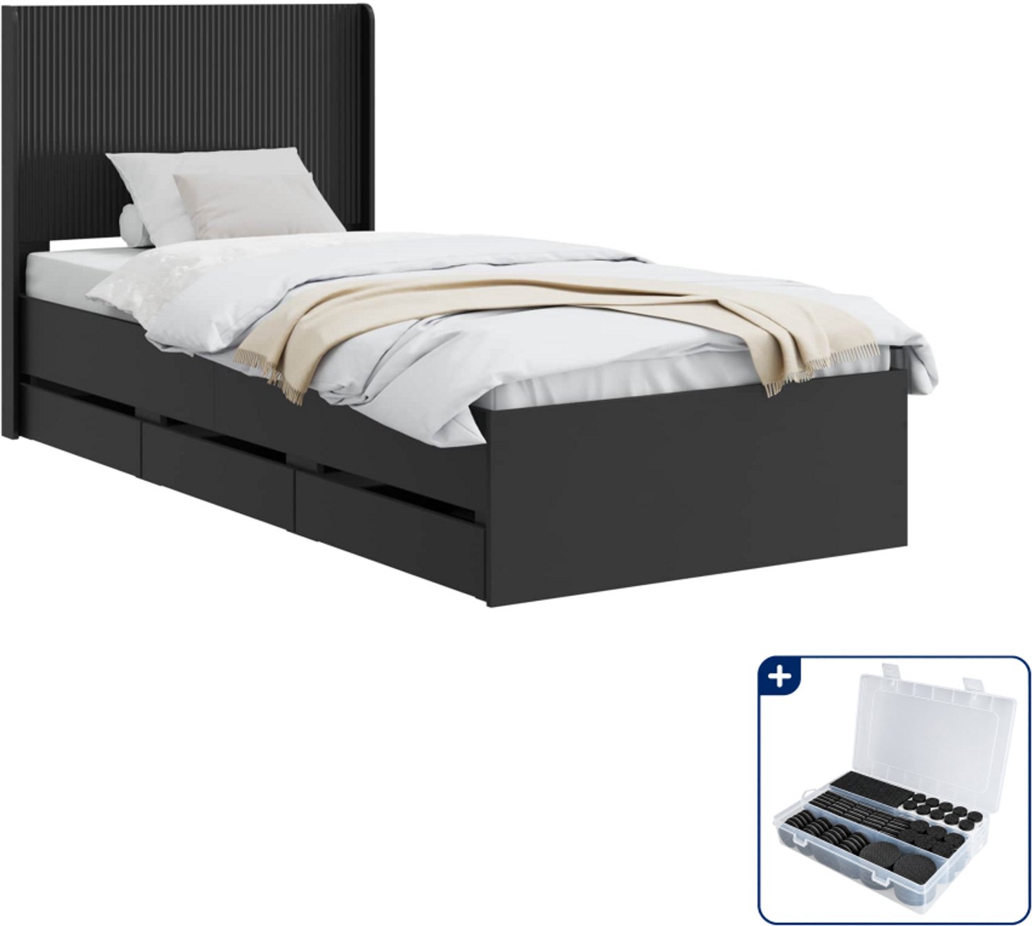 vidaXL Bedframe met opbergruimte - 90 x 200 cm - bewerkt hout - zwart - Inclusief antikrasvilt 177-delig