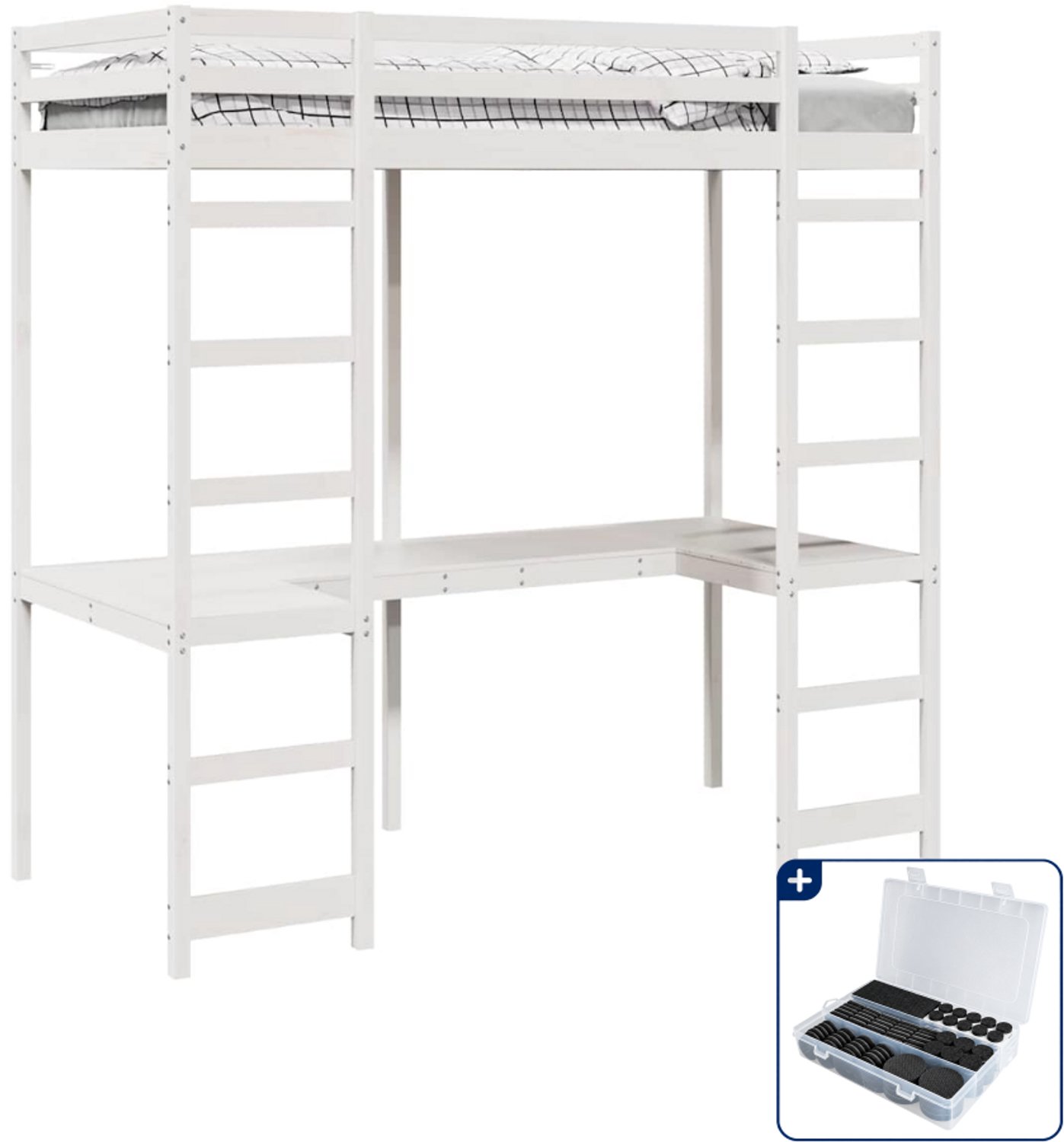 vidaXL hoogslaper met bureau - 75 x 190 cm - massief grenenhout - wit - Inclusief antikrasvilt 177-delig