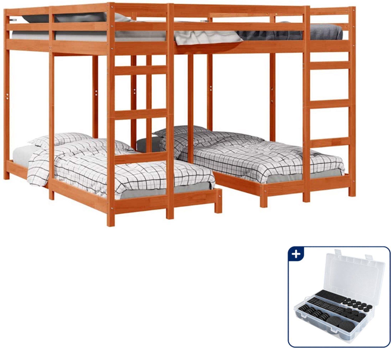 vidaXL stapelbed 200 x 200 cm - massief grenenhout - wasbruin - Inclusief antikrasvilt 177-delig