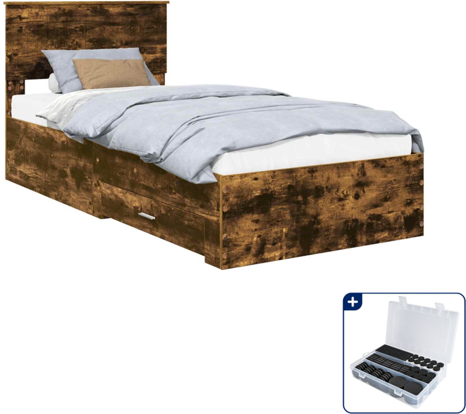 vidaXL bedframe - 90 x 200 cm - bewerkt hout - gerookt eiken - Inclusief antikrasvilt 177-delig Grijs