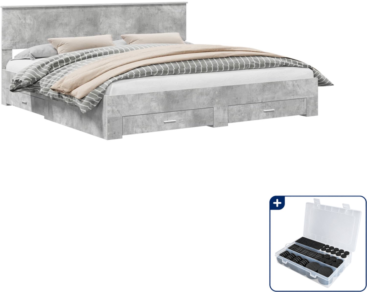 vidaXL bedframe met lade - 200 x 200 cm - bewerkt hout - betongrijs - Inclusief antikrasvilt 177-delig