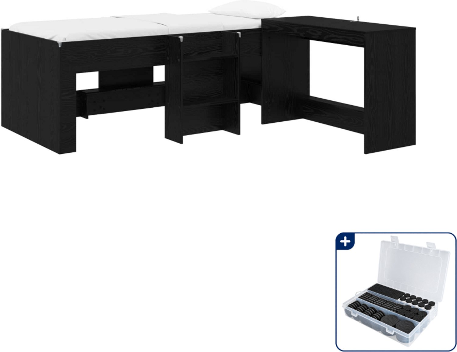 vidaXL hoogslaper met bureau - 90 x 190 cm - bewerkt hout - zwart eiken - Inclusief antikrasvilt 177-delig