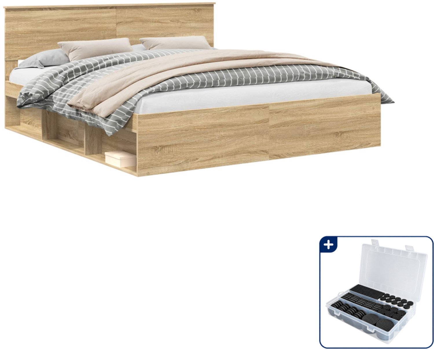 vidaXL Bedframe - 200 x 200 cm - bewerkt hout - sonoma - Inclusief antikrasvilt 177-delig Grijs