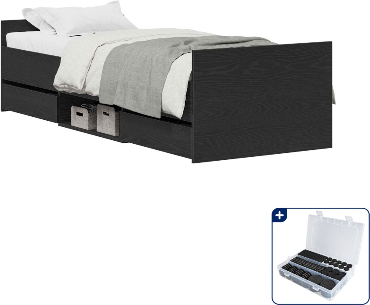 vidaXL bedframe - 70 x 190 cm - bewerkt hout - zwart eiken - Inclusief antikrasvilt 177-delig