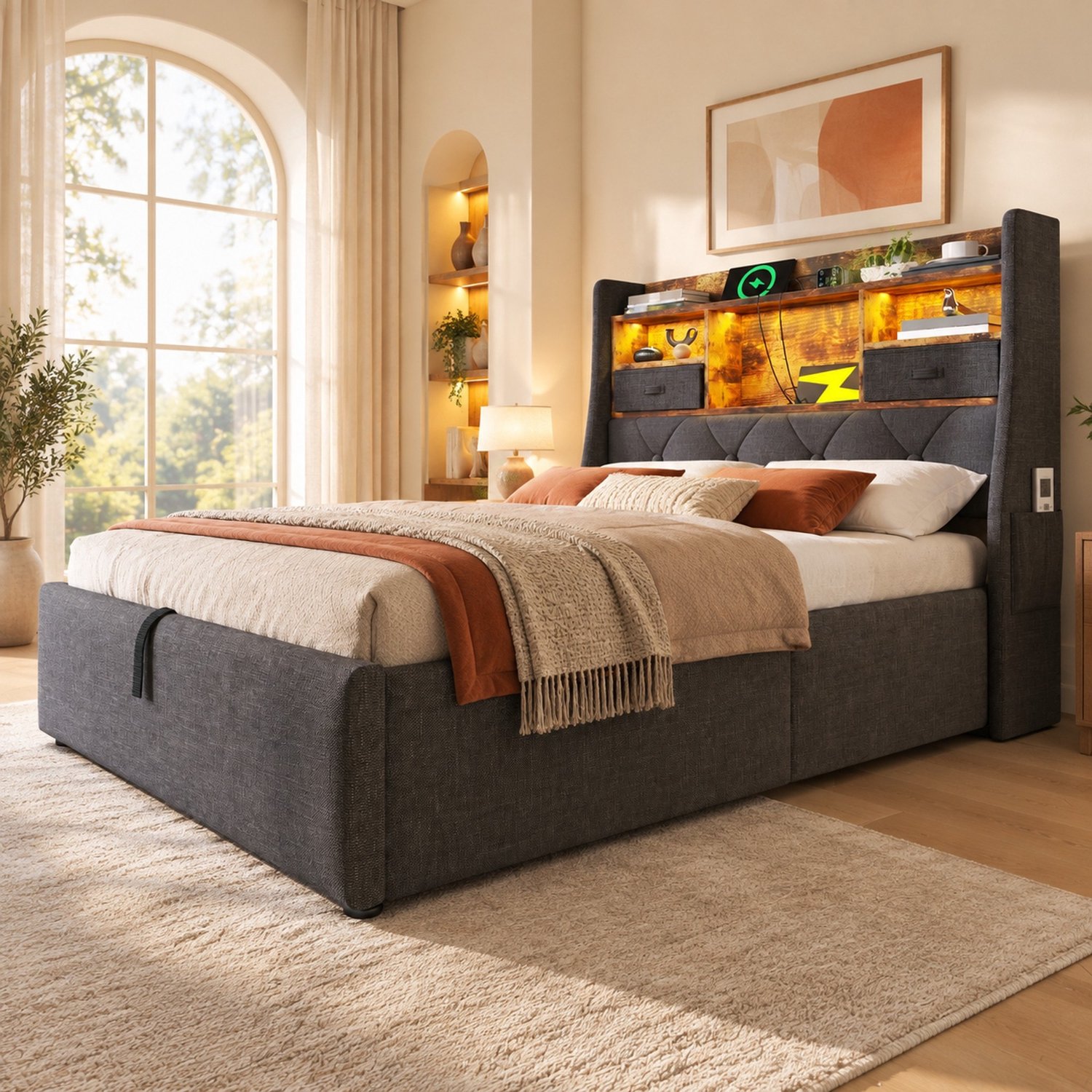 Maisentiel Eenpersoonsbed 90 x 200 cm met opbergruimte, LED-hoofdbord en lattenbodem - grijs