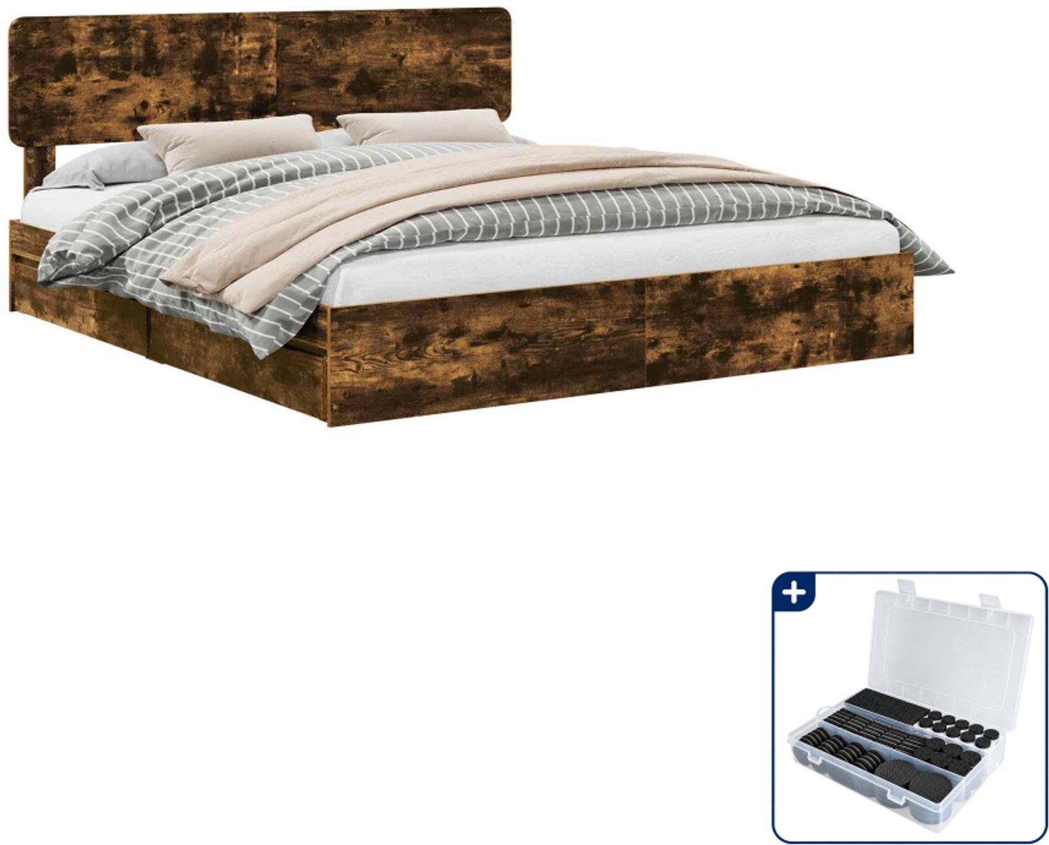 vidaXL Kingsize bed - 180 x 200 cm - bewerkt hout - gerookt eiken - Inclusief antikrasvilt 177-delig Grijs