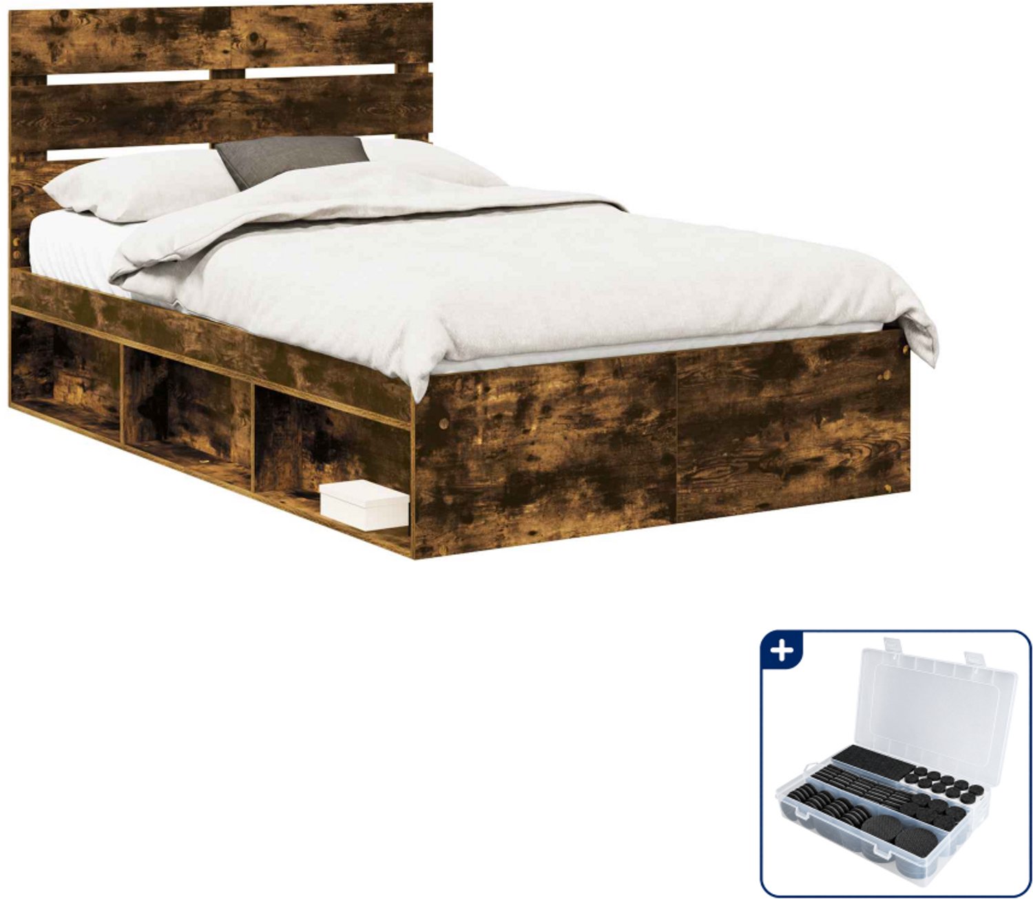 vidaXL bedframe 120 x 190 cm - bewerkt hout - gerookt eiken - Inclusief antikrasvilt 177-delig Bruin