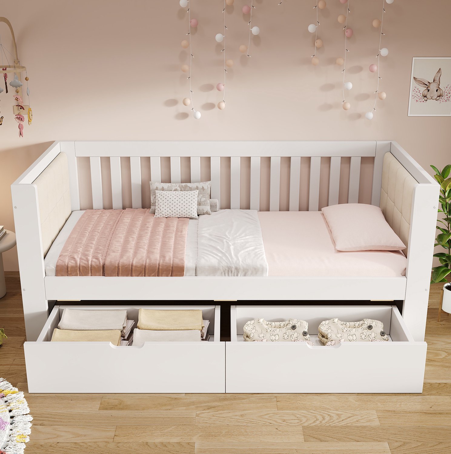 Maisentiel Wit houten dagbed 90 x 190 cm met 2 bedladen en lattenbodem