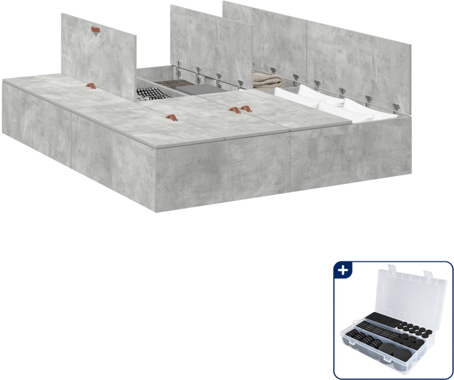 vidaXL opbergbedframe - 150 x 200 cm - beton grijs - Inclusief antikrasvilt 177-delig