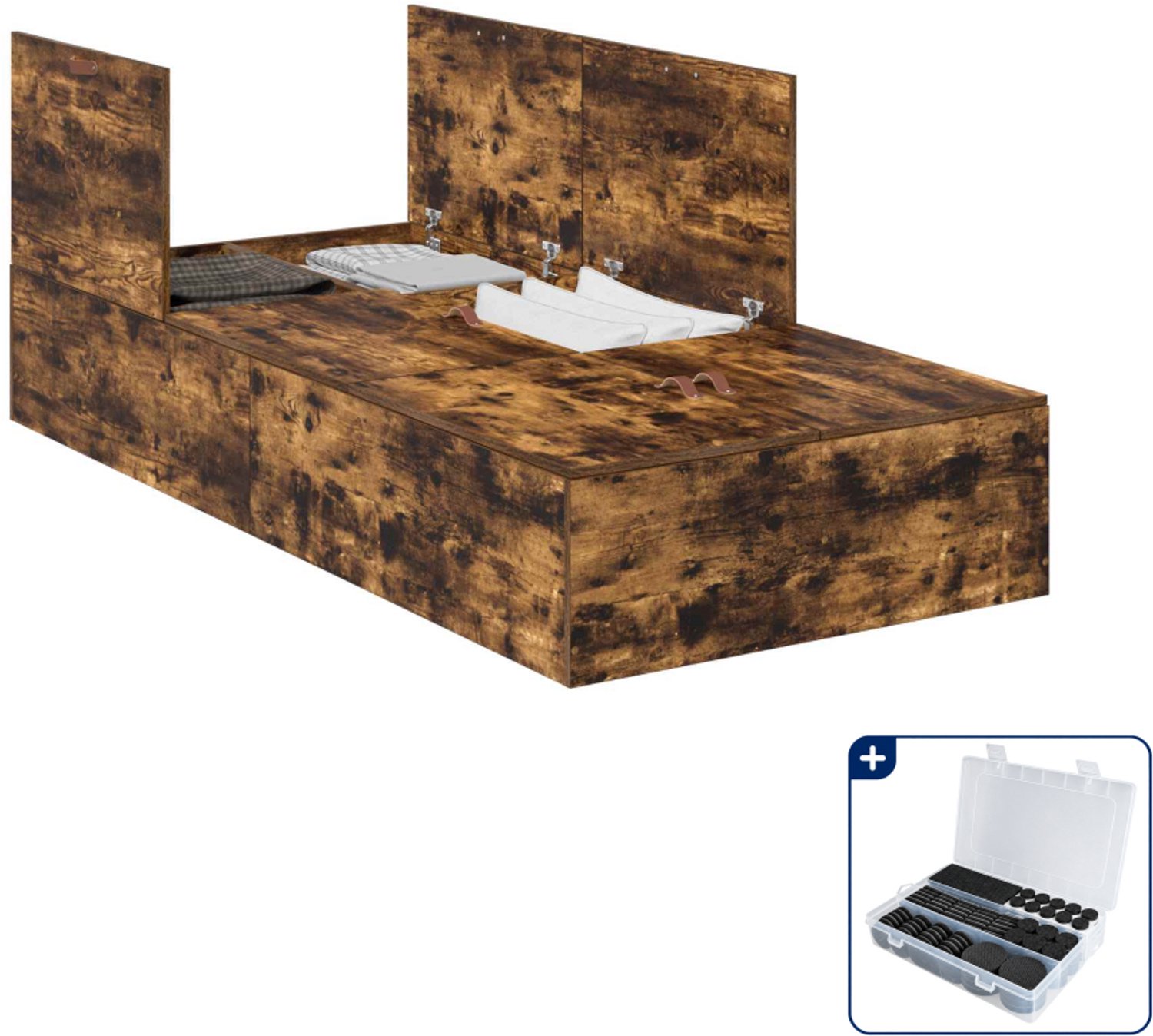 vidaXL opbergbedframe - 90 x 190 cm - bewerkt hout - gerookt eiken - Inclusief antikrasvilt 177-delig Bruin