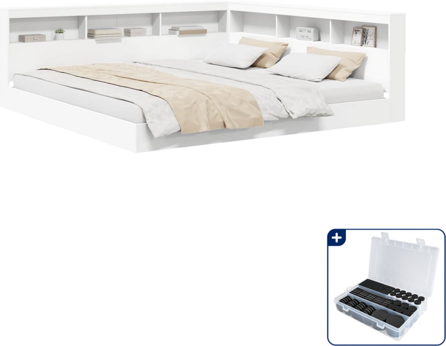 vidaXL Boekenkast bed Kingsize - 180 x 200 cm - bewerkt hout - wit - Inclusief antikrasvilt 177-delig
