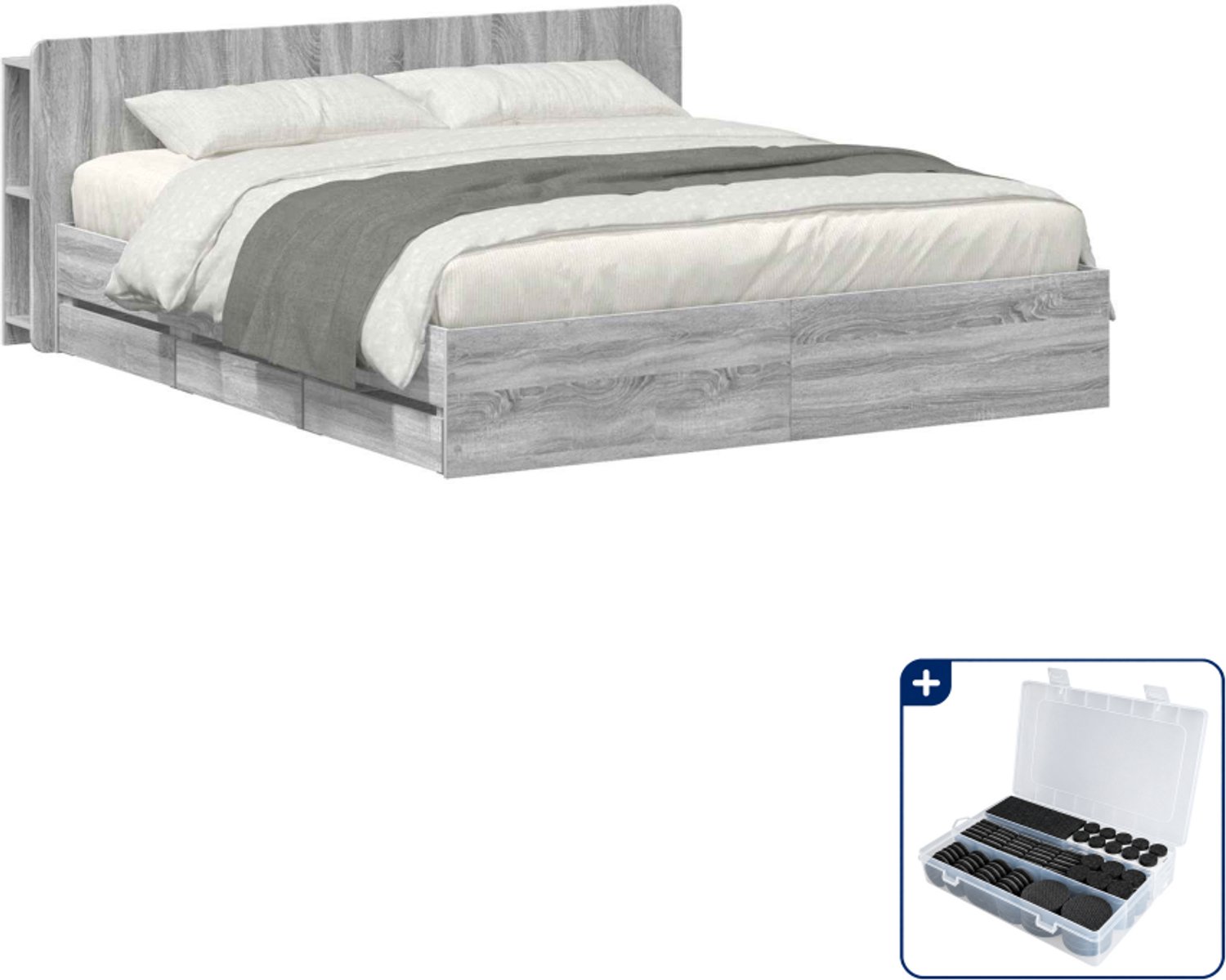 vidaXL Bedframe - 200 x 200 cm - bewerkt hout - grijs sonoma - Inclusief antikrasvilt 177-delig