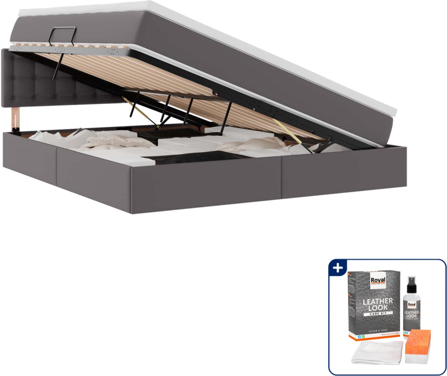 vidaXL opbergbed met matras en led - Kingsize - 180 x 200 cm - grijs - Inclusief onderhoudsset voor kunstleer 150 ml Zwart