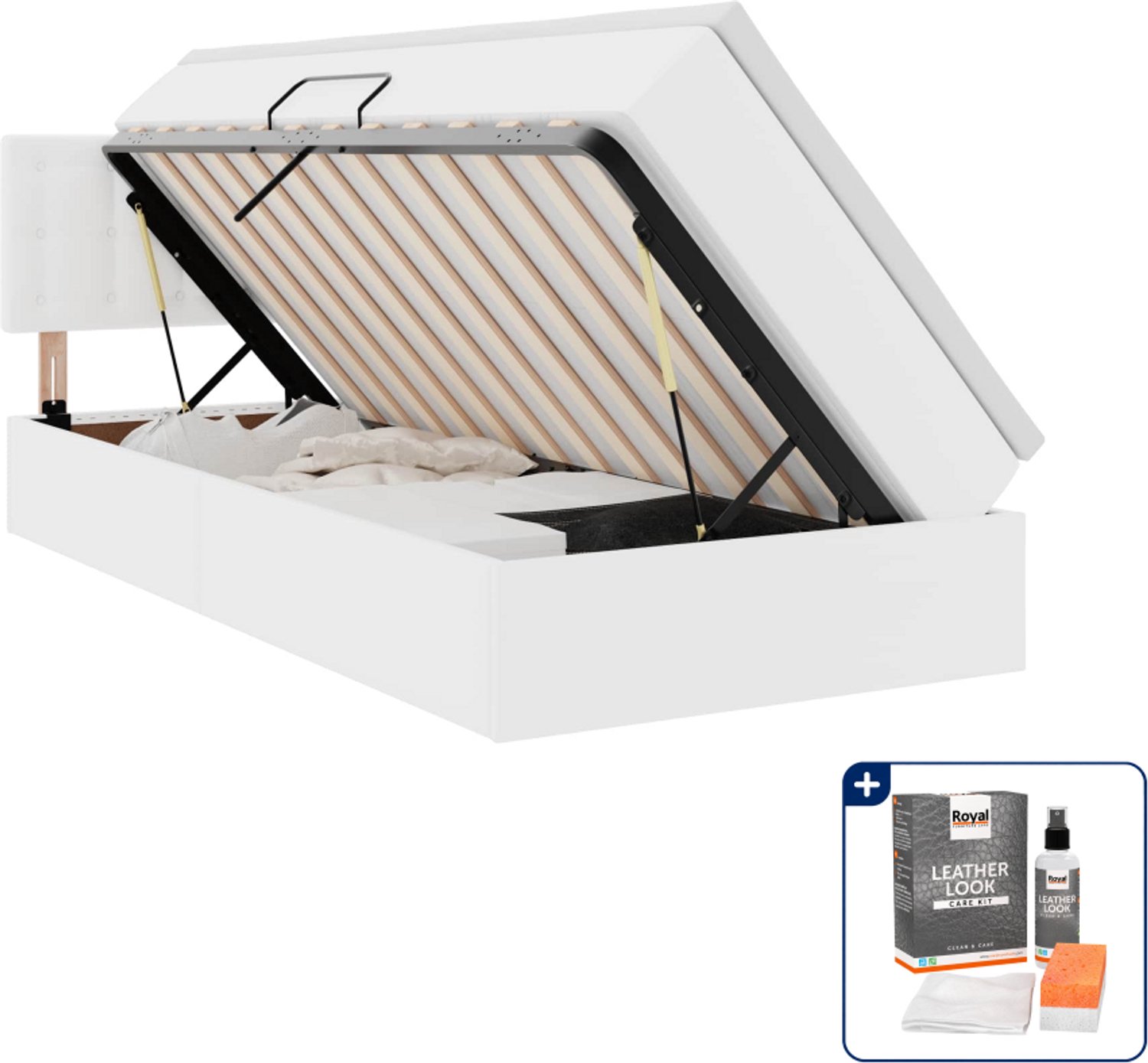 vidaXL opbergbed met LED - 100 x 200 cm - kunstleer - wit - Inclusief onderhoudsset voor kunstleer 150 ml Blauw