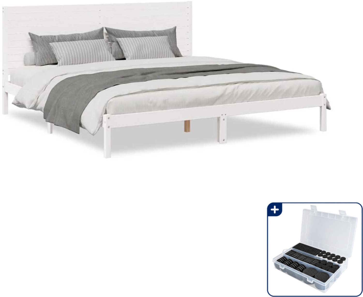 vidaXL bedframe 200 x 220 cm - massief grenenhout - wit - Inclusief antikrasvilt 177-delig Zwart