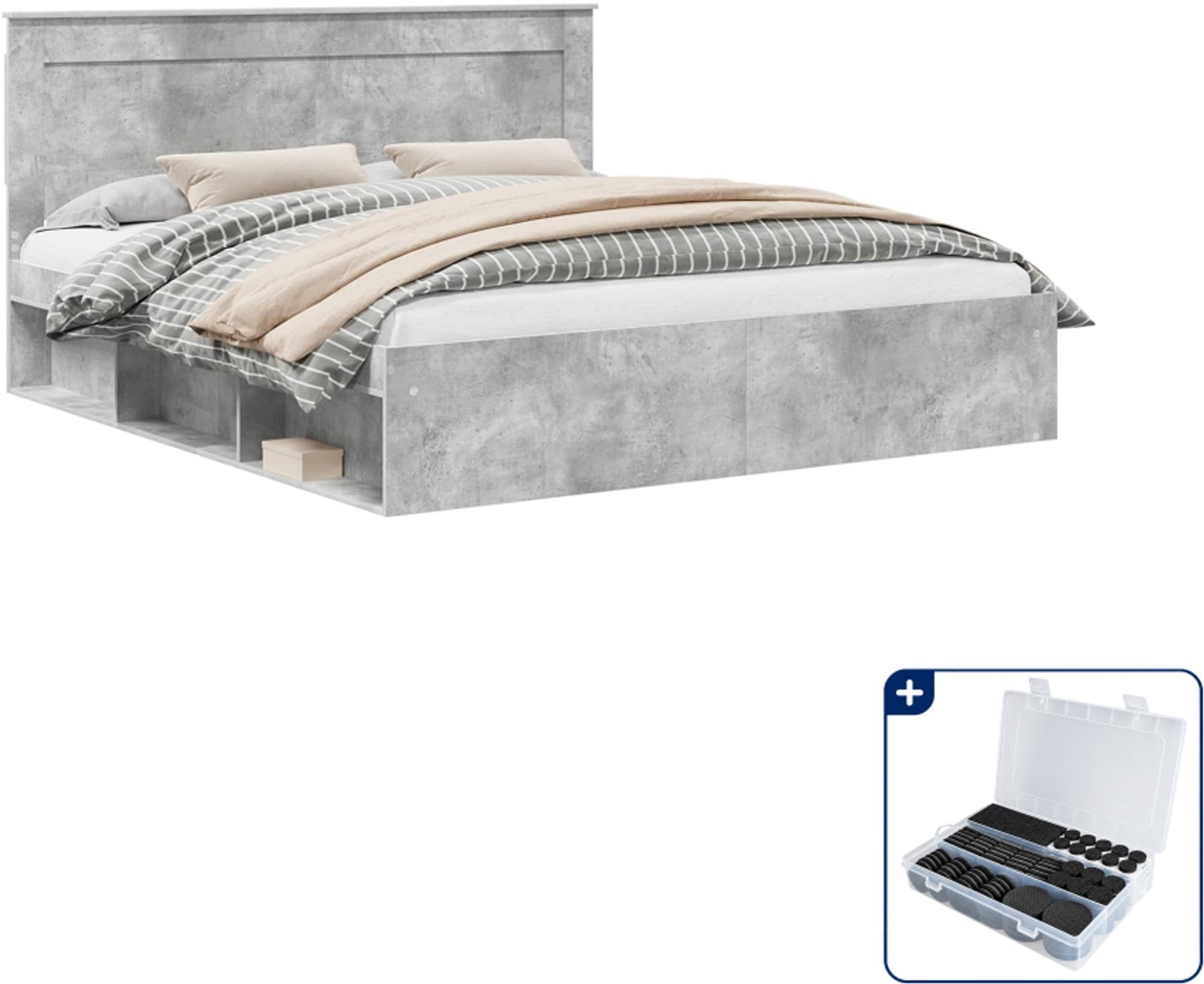 vidaXL Bedframe - Kingsize - 180 x 200 cm - bewerkt hout - grijs - Inclusief antikrasvilt 177-delig
