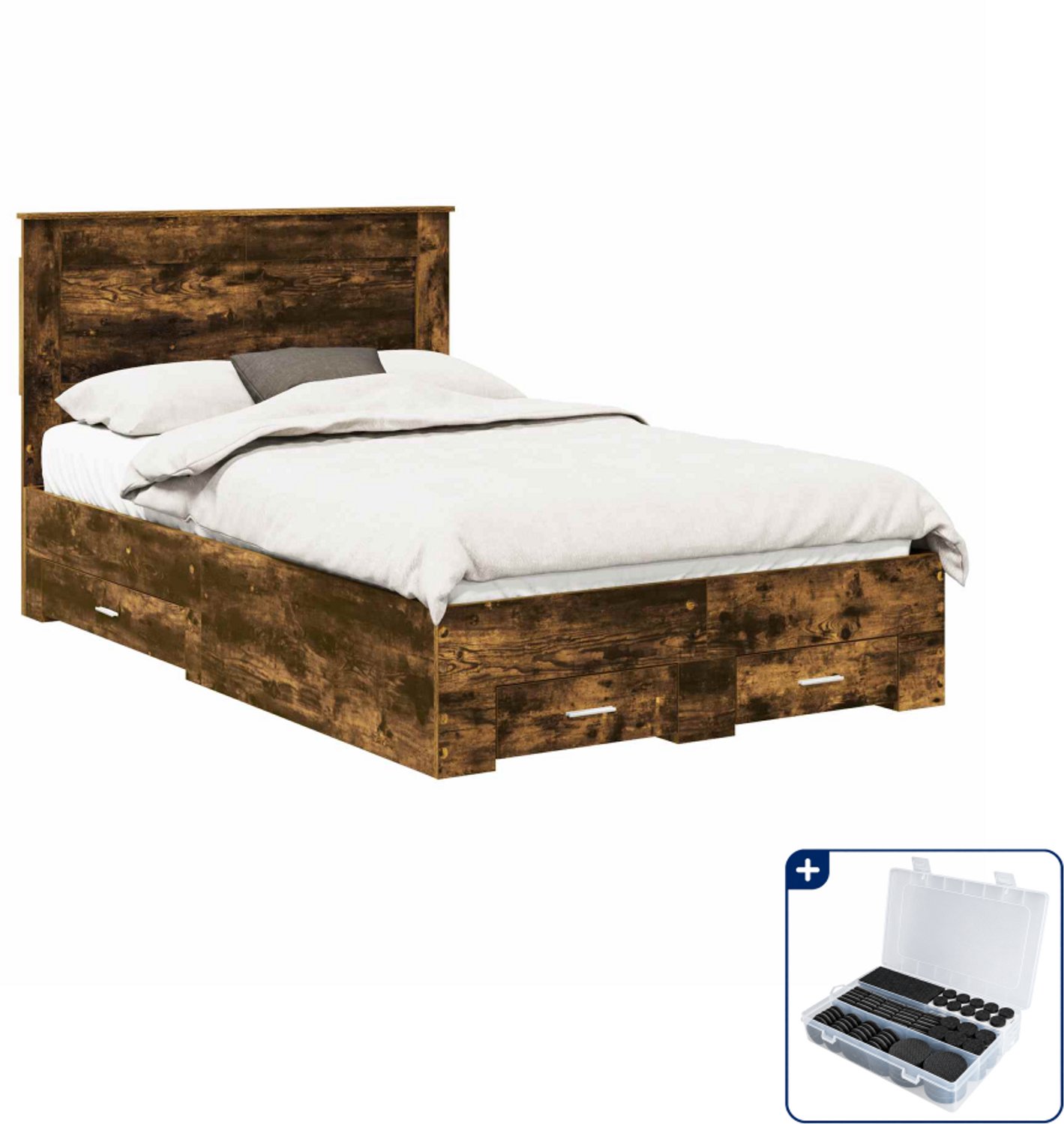 vidaXL bedframe met lade - 120 x 190 cm - bewerkt hout - gerookt eiken - Inclusief antikrasvilt 177-delig Grijs