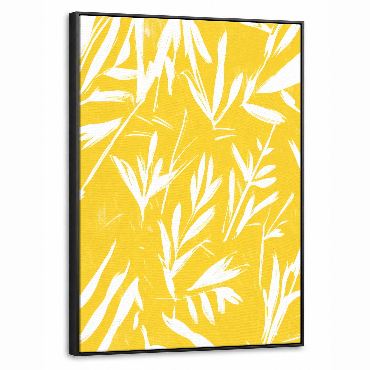 Canvas Schilderij met Baklijst 60x80cm - Abstract - Bladeren - Geel - Penseelstreken - Muurdecoratie woonkamer - Slaapkamer decoratie - Kamer accessoires - Schilderijen op canvas met lijst