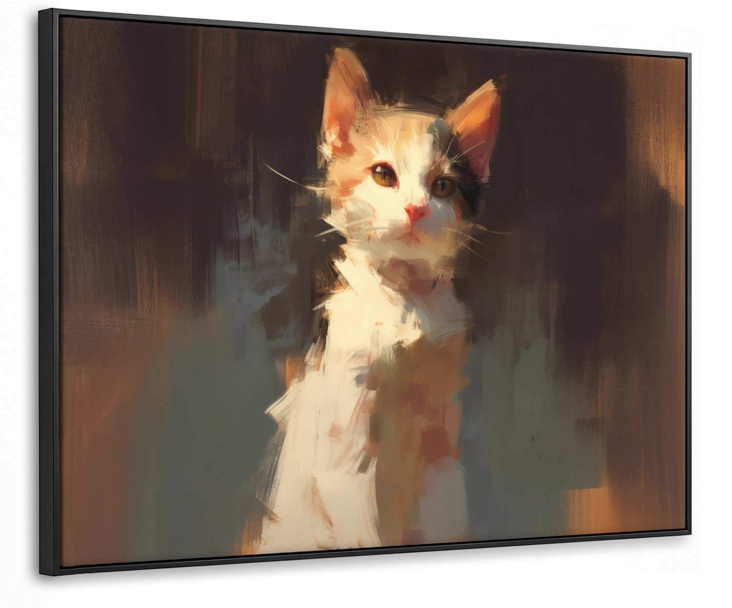 Canvas Schilderij met Baklijst 80x60cm - Kat - Geschilderd - Artistiek - Wit - Muurdecoratie woonkamer - Slaapkamer decoratie - Kamer accessoires - Schilderijen op canvas met lijst