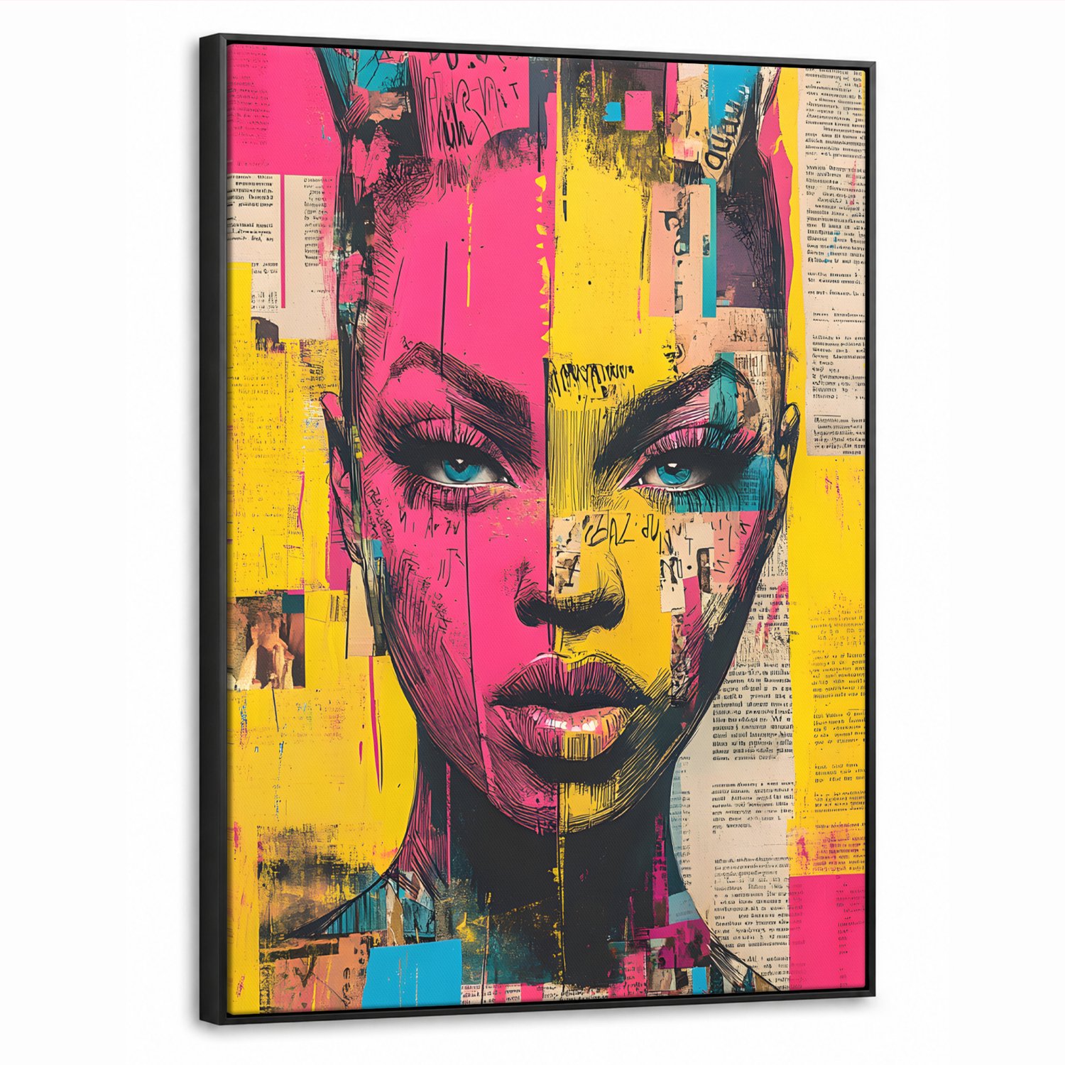 Canvas Schilderij met Baklijst 50x70cm - Vrouwengezicht - Krantenpapier - Abstract - Roze - Muurdecoratie woonkamer - Slaapkamer decoratie - Kamer accessoires - Schilderijen op canvas met lijst