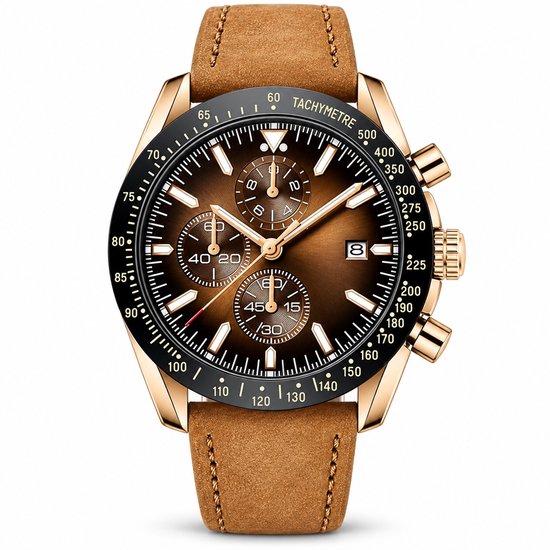 Chronograaf horloge met bruine wijzerplaat, gouden kast en cognac leren band met tachymeter bezel.