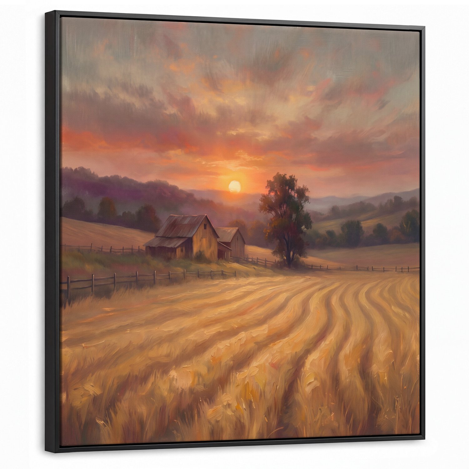 Canvas Schilderij met Baklijst 90x90cm - Landschap - Zonsondergang - Natuur - Muurdecoratie woonkamer - Slaapkamer decoratie - Kamer accessoires - Schilderijen op canvas met lijst