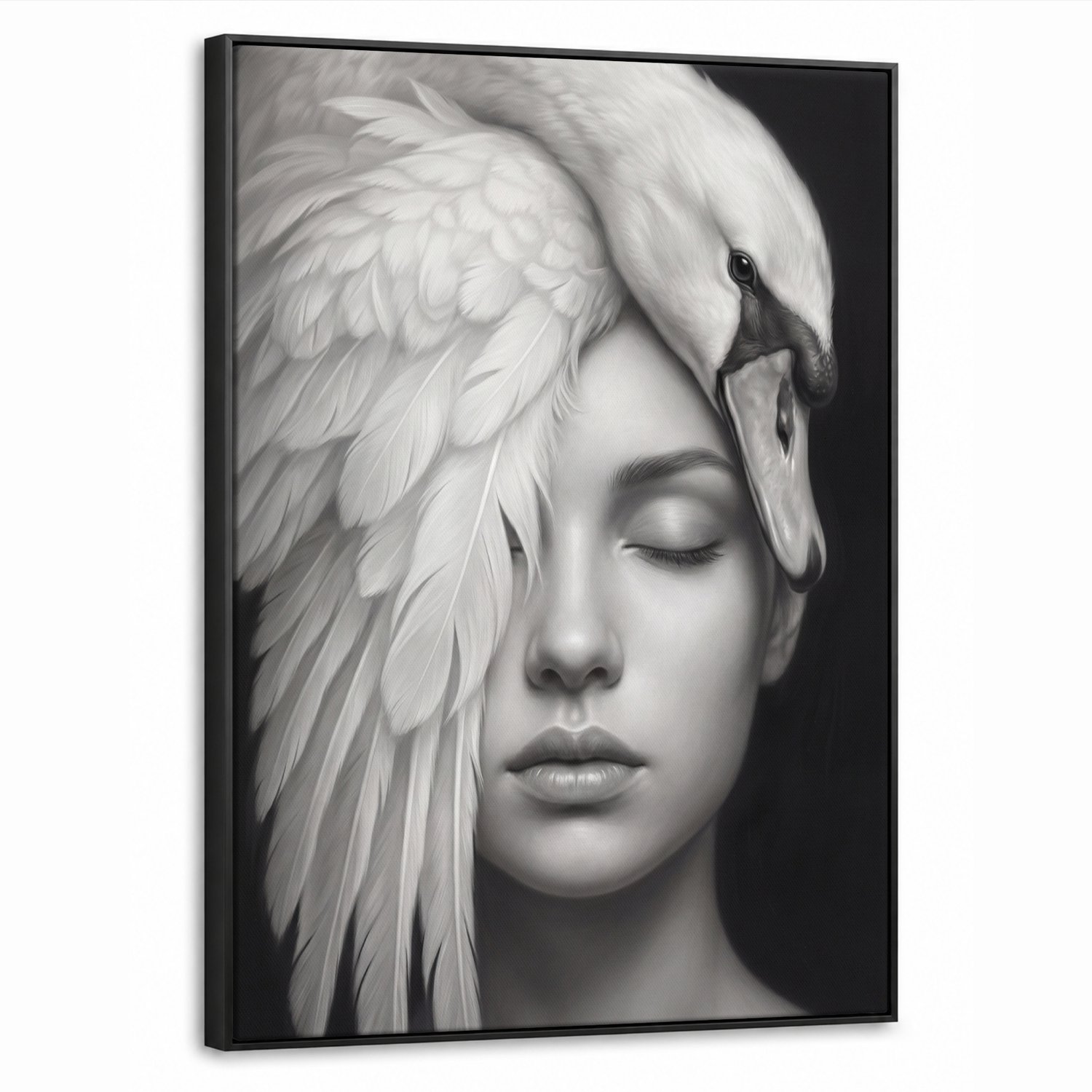 Canvas Schilderij met Baklijst 50x70cm - Portret - Zwaan - Zwart - Wit - Muurdecoratie woonkamer - Slaapkamer decoratie - Kamer accessoires - Schilderijen op canvas met lijst