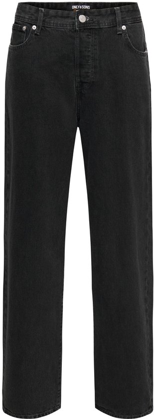 Voorkant van zwarte denim jeans met rechte pasvorm en Only & Sons label.
