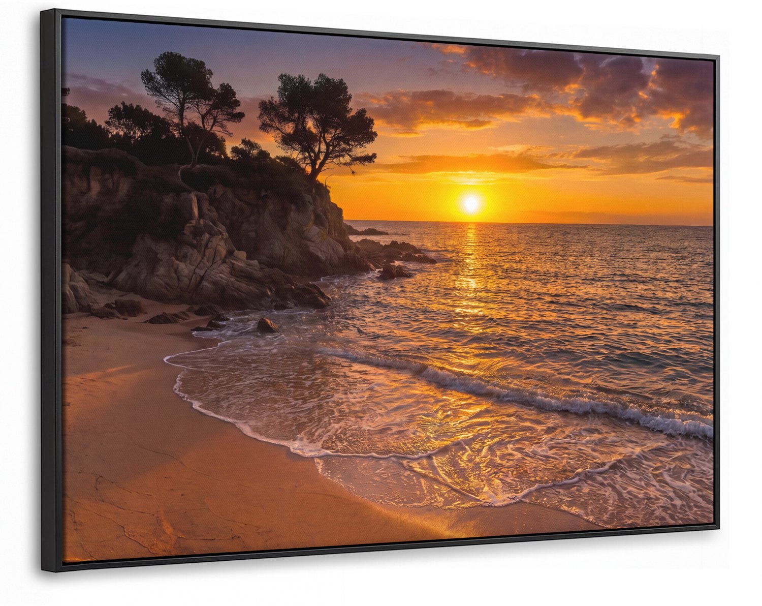 Canvas Schilderij met Baklijst 90x60cm - Zee - Kust - Zonsondergang - Natuur - Oranje - Muurdecoratie woonkamer - Slaapkamer decoratie - Kamer accessoires - Schilderijen op canvas met lijst